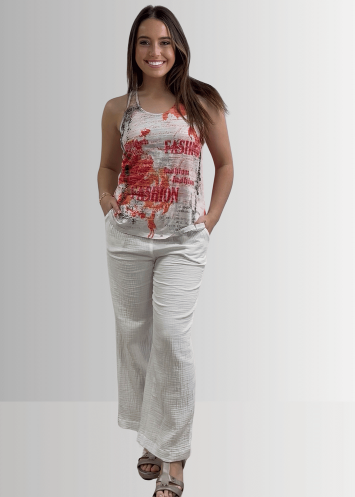 Made in USA Women's Fashion Printed Racerback Tank Top in White with Abstract Graphics with the work "Fashion" in Bold Letters | 50% Cotton 50% Polyester | Classy Cozy Cool Made in America Boutique