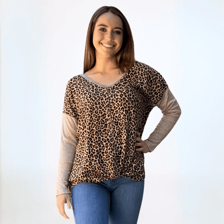 Made in USA Women's Double V-Neck Animal Print Contrast Long Sleeve Oversized Top with Knot Twist Tie in Front