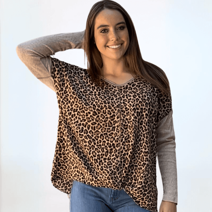 Made in USA Women's Double V-Neck Animal Print Contrast Long Sleeve Oversized Top with Knot Twist Tie in Front