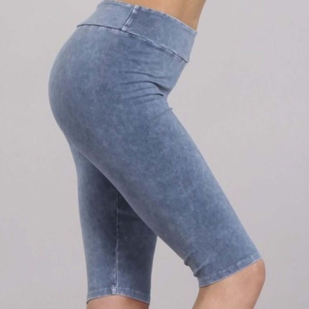 Ladies Mineral Washed Light Denim Knee Length Biker Shorts | Chatoyant Style# C30331 | Made in USA | Classy Cozy Cool Women's Made in America Boutique