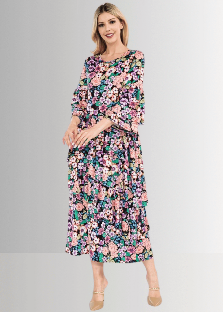 Made in USA, A blooming sensation: Women's Bright Colors floral print midi dress, delightful 3/4 ruffled layered bell sleeves, wrap-around layered angled ruffles