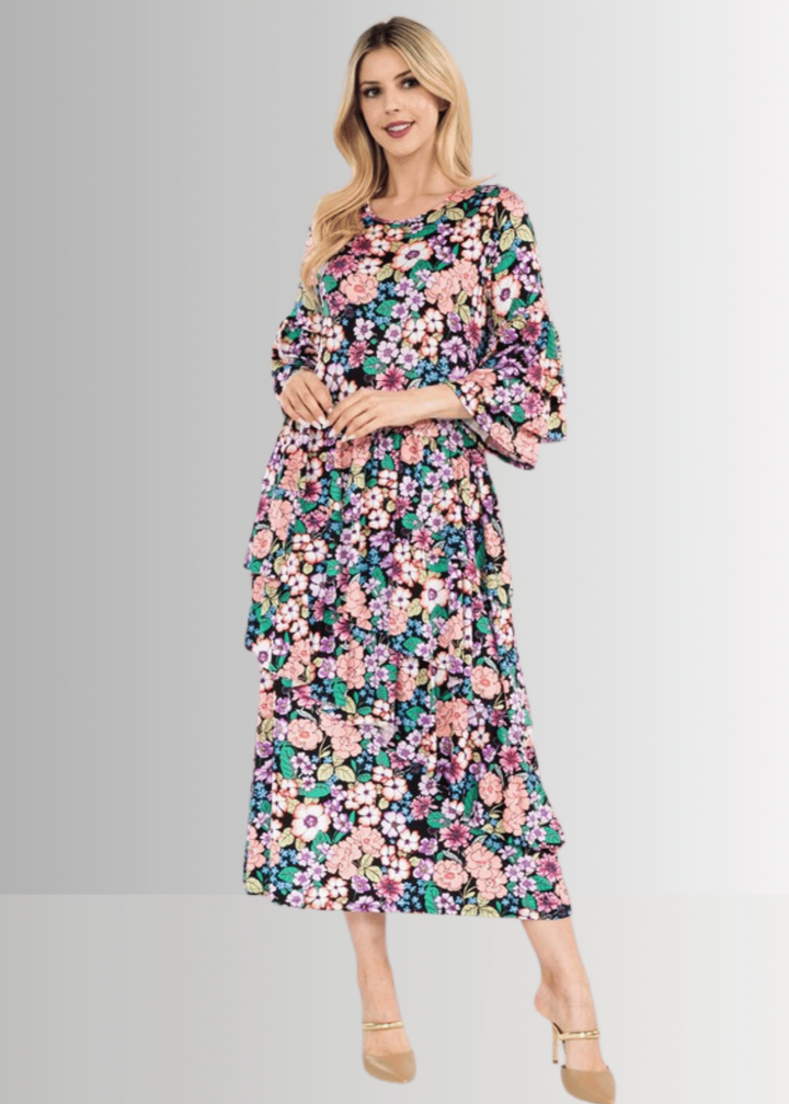 Made in USA, A blooming sensation: Women's Bright Colors floral print midi dress, delightful 3/4 ruffled layered bell sleeves, wrap-around layered angled ruffles