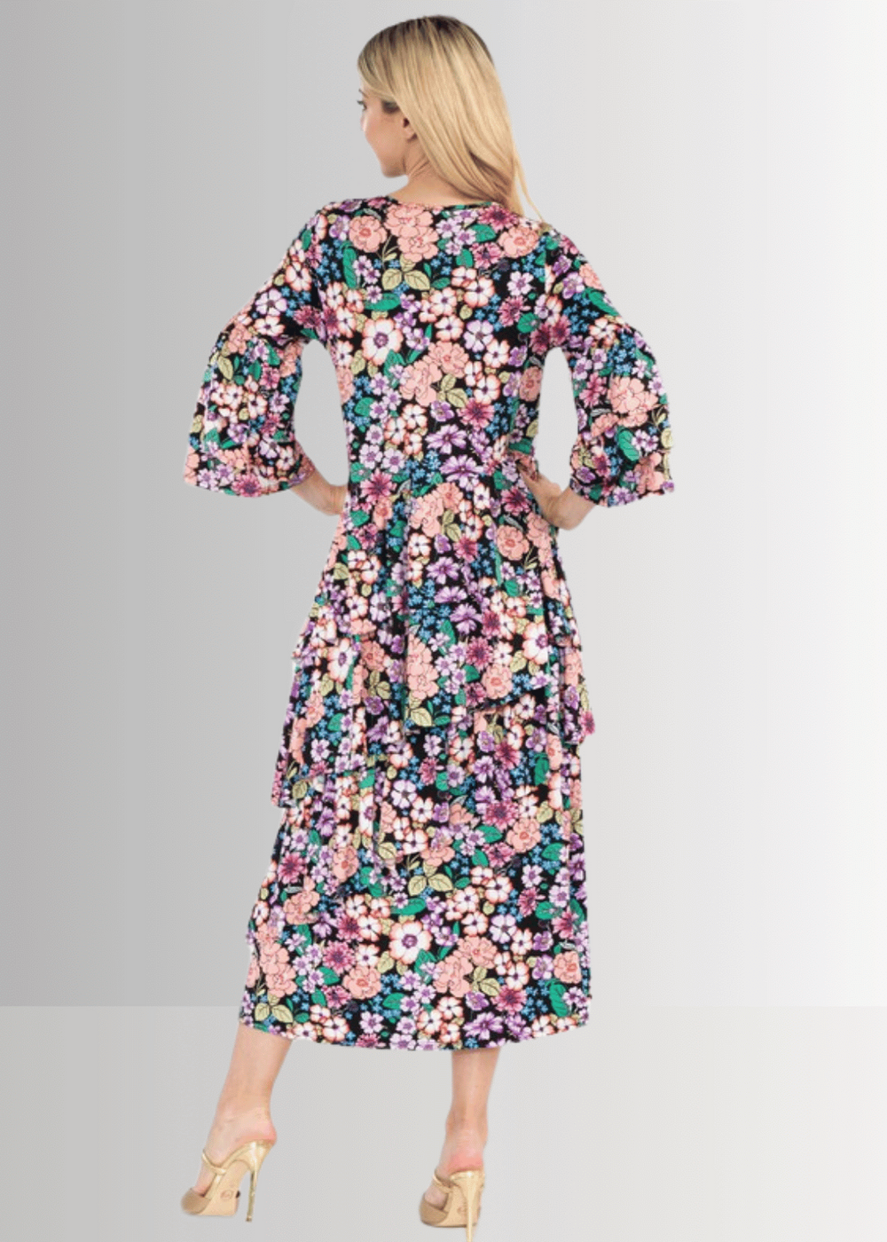 Made in USA, A blooming sensation: Women's Bright Colors floral print midi dress, delightful 3/4 ruffled layered bell sleeves, wrap-around layered angled ruffles