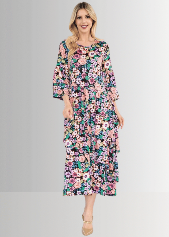 Made in USA, A blooming sensation: Women's Bright Colors floral print midi dress, delightful 3/4 ruffled layered bell sleeves, wrap-around layered angled ruffles