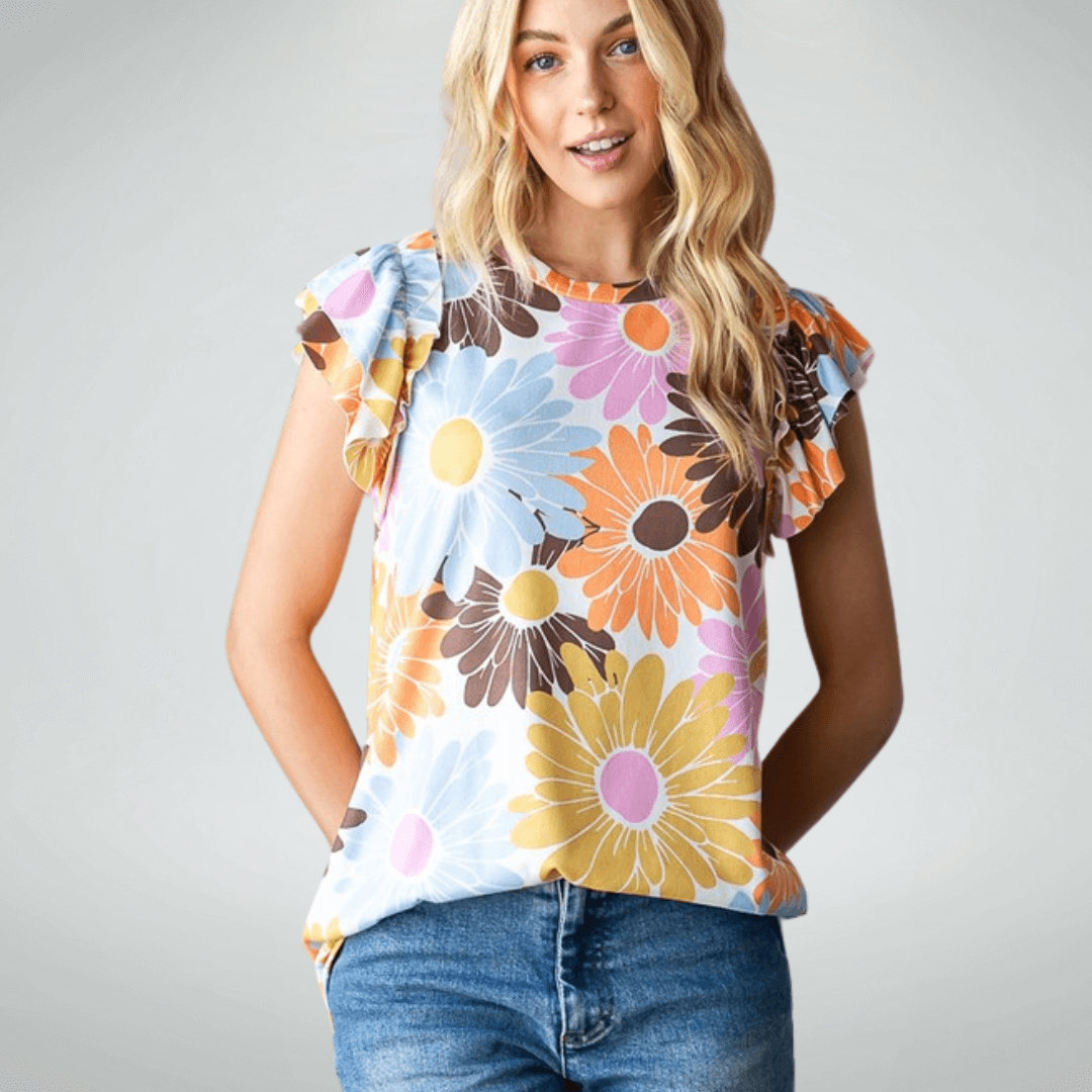 Made in USA Women's Super Soft Flutter Sleeve Floral Top, Round Neckline, Longer Length, Multi Colors | Classy Cozy Cool Made in America Boutique