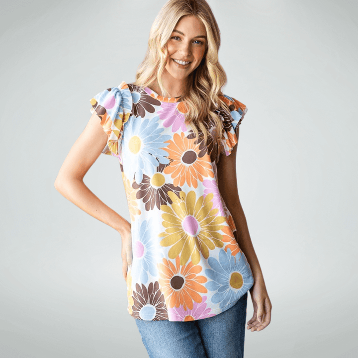 Made in USA Women's Super Soft Flutter Sleeve Floral Top, Round Neckline, Longer Length, Multi Colors | Classy Cozy Cool Made in America Boutique