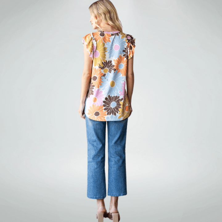 Made in USA Women's Super Soft Flutter Sleeve Floral Top, Round Neckline, Longer Length, Multi Colors | Classy Cozy Cool Made in America Boutique