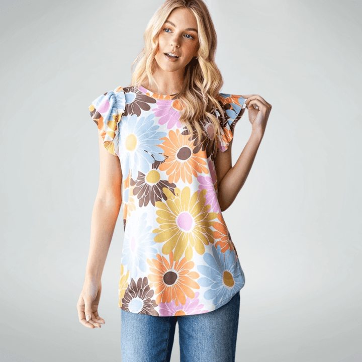 Made in USA Women's Super Soft Flutter Sleeve Floral Top, Round Neckline, Longer Length, Multi Colors | Classy Cozy Cool Made in America Boutique