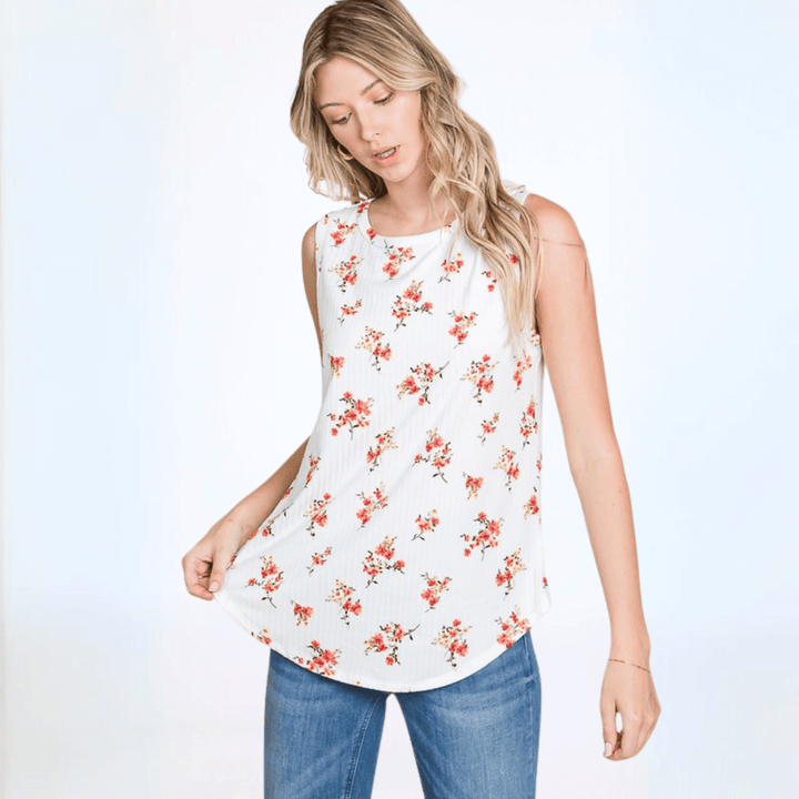 Made in USA Women's Soft Ribbed Floral Tank, Regular Fit, Very Soft, Longer Length, White with Coral Floral Print | Classy Cozy Cool Made in America Boutique