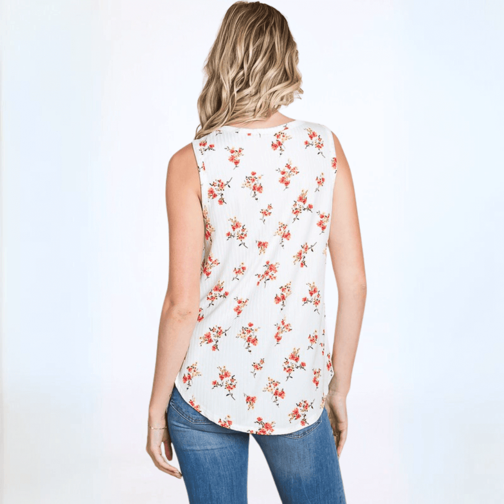 Made in USA Women's Soft Ribbed Floral Tank, Regular Fit, Very Soft, Longer Length, White with Coral Floral Print | Classy Cozy Cool Made in America Boutique
