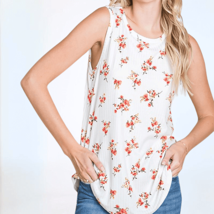 Made in USA Women's Soft Ribbed Floral Tank, Regular Fit, Very Soft, Longer Length, White with Coral Floral Print | Classy Cozy Cool Made in America Boutique