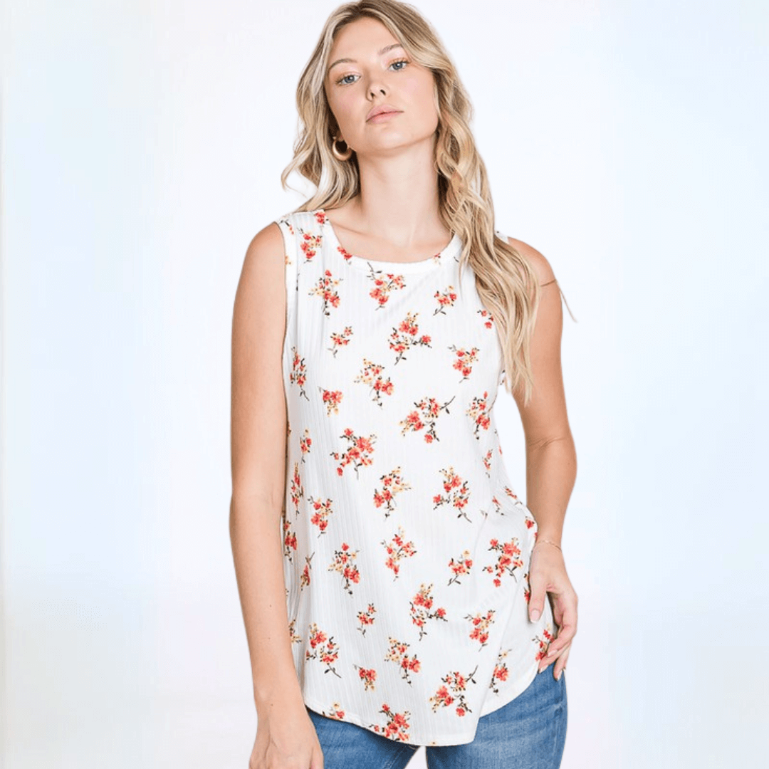 Made in USA Women's Soft Ribbed Floral Tank, Regular Fit, Very Soft, Longer Length, White with Coral Floral Print | Classy Cozy Cool Made in America Boutique