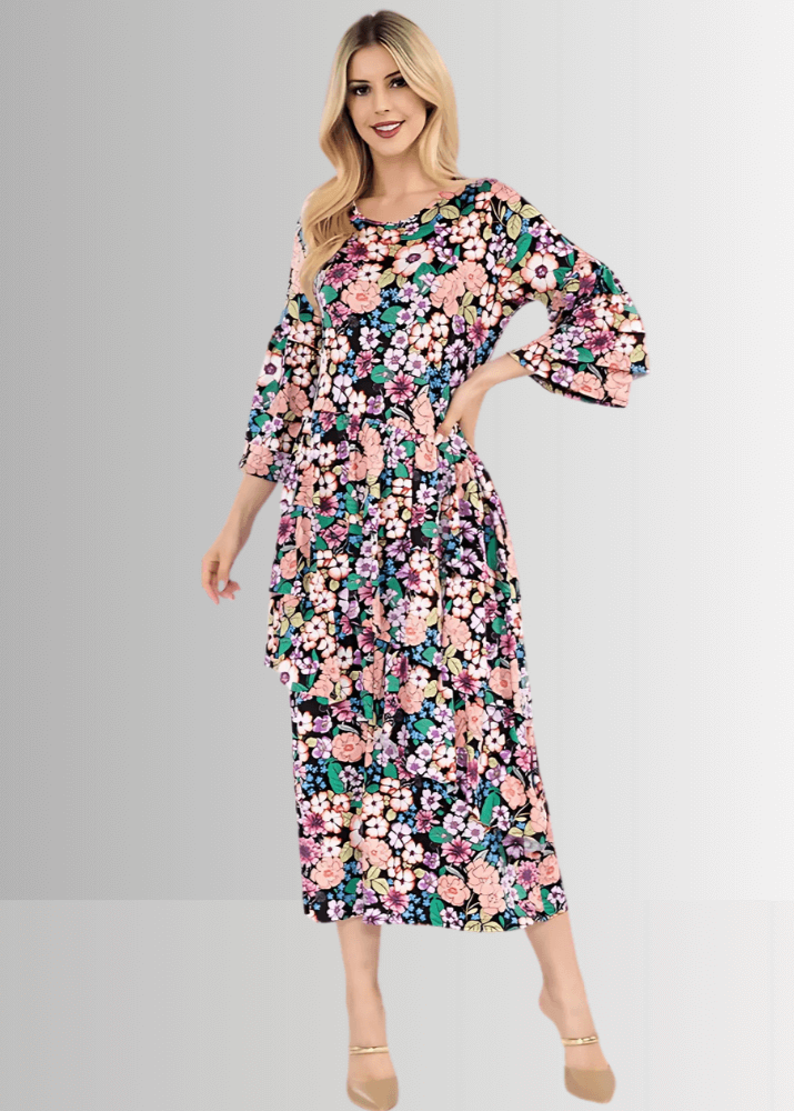 Made in USA, A blooming sensation: Women's Bright Colors floral print midi dress, delightful 3/4 ruffled layered bell sleeves, wrap-around layered angled ruffles