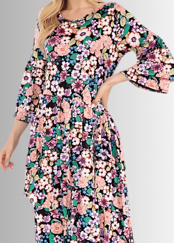 Made in USA, A blooming sensation: Women's Bright Colors floral print midi dress, delightful 3/4 ruffled layered bell sleeves, wrap-around layered angled ruffles
