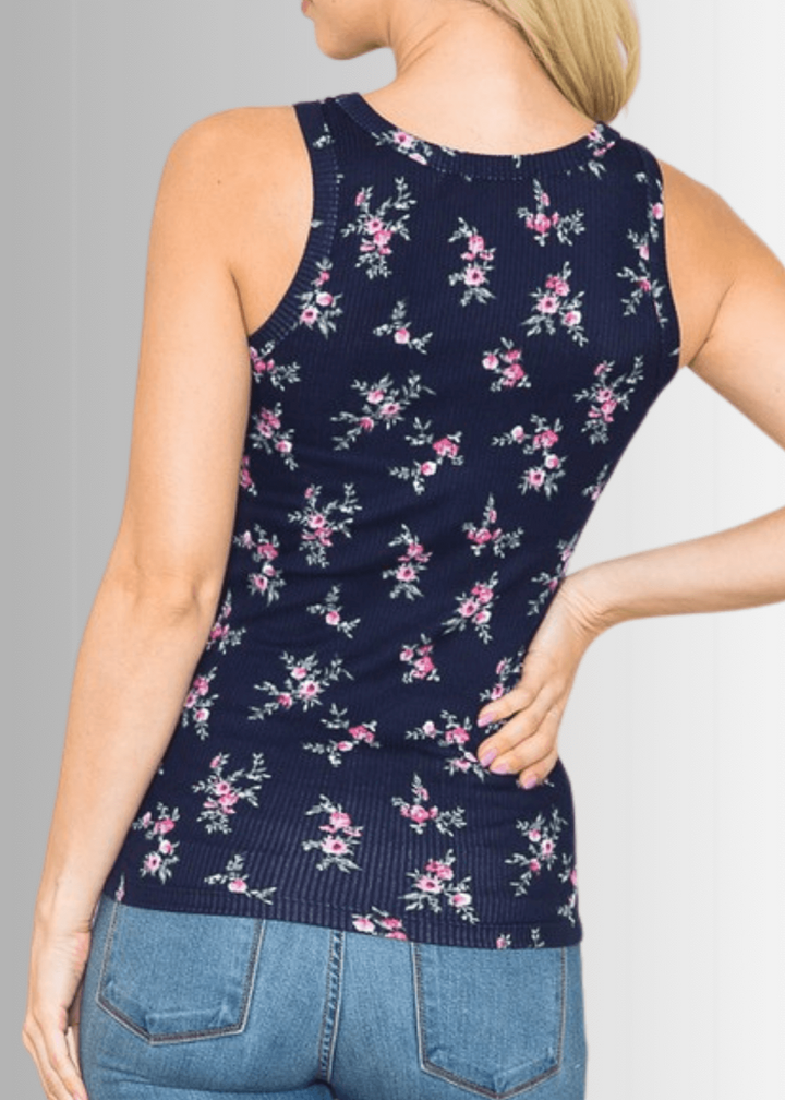Navy Blue Ladies Floral Print Rib Knit Tank Top | Made in USA | Classy Cozy Cool Women's Clothing Boutique