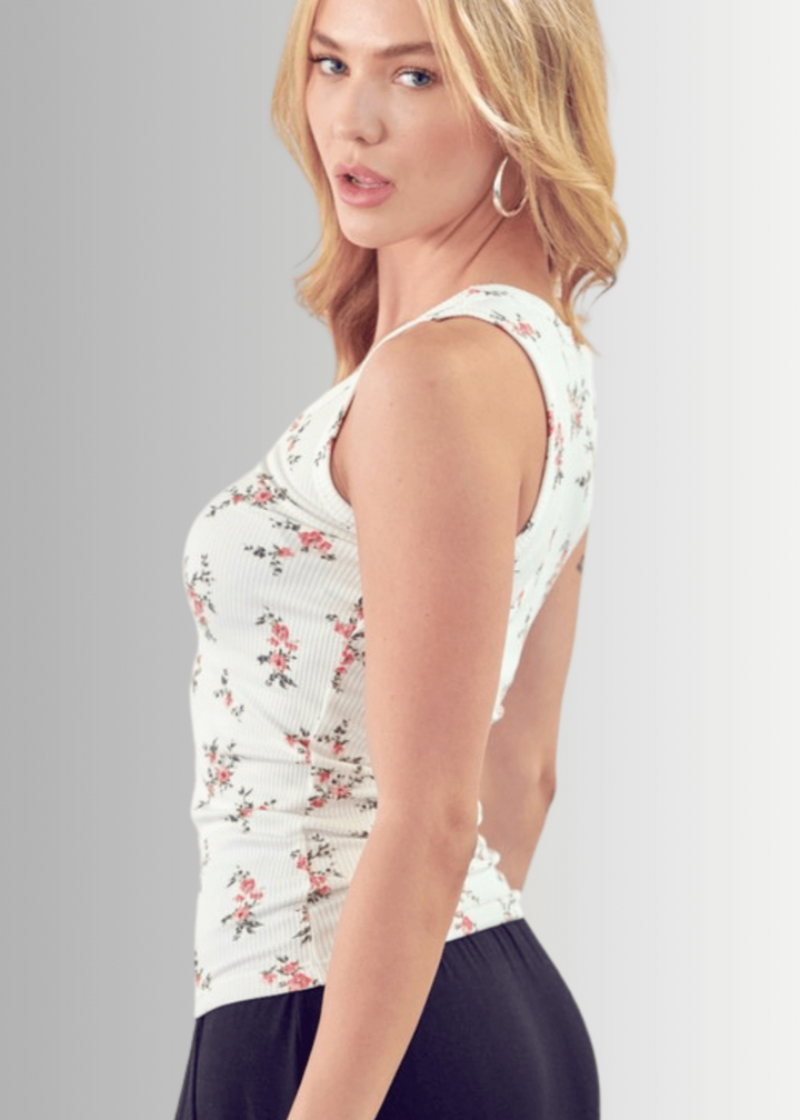 Made in USA Women's Floral Print Rib Knit Tank Top in White | Classy Cozy Cool Made in America Boutique