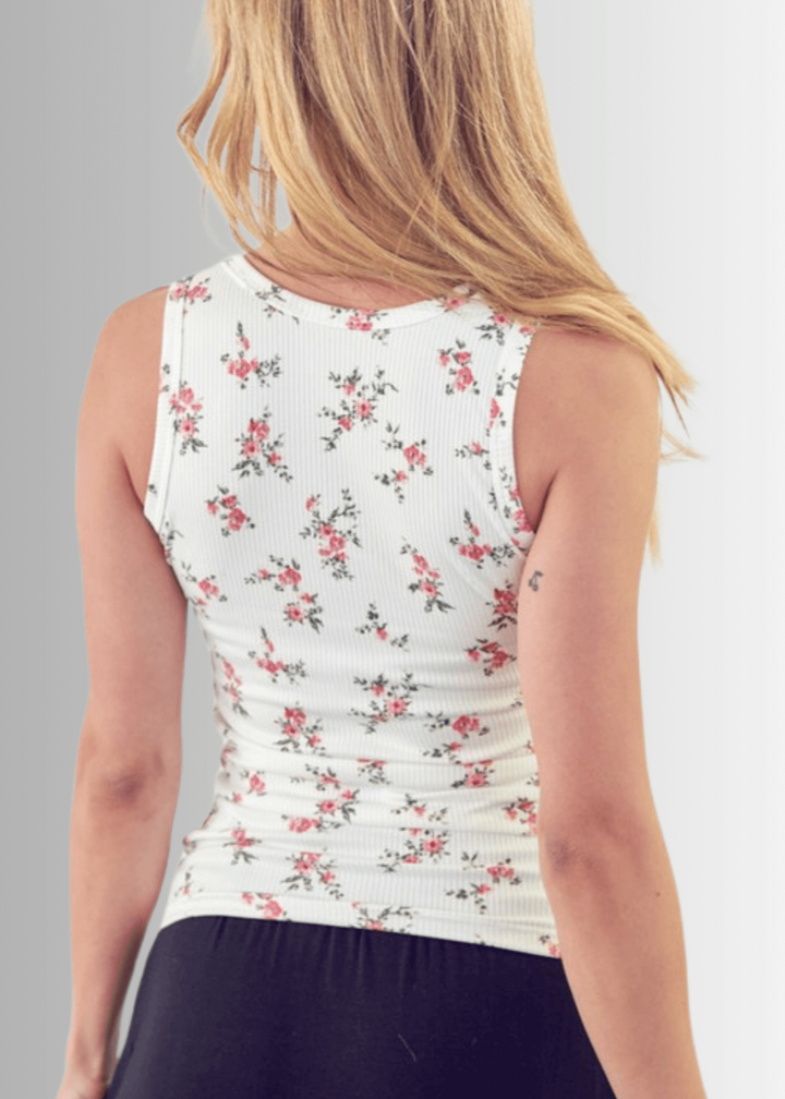Made in USA Women's Floral Print Rib Knit Tank Top in White | Classy Cozy Cool Made in America Boutique