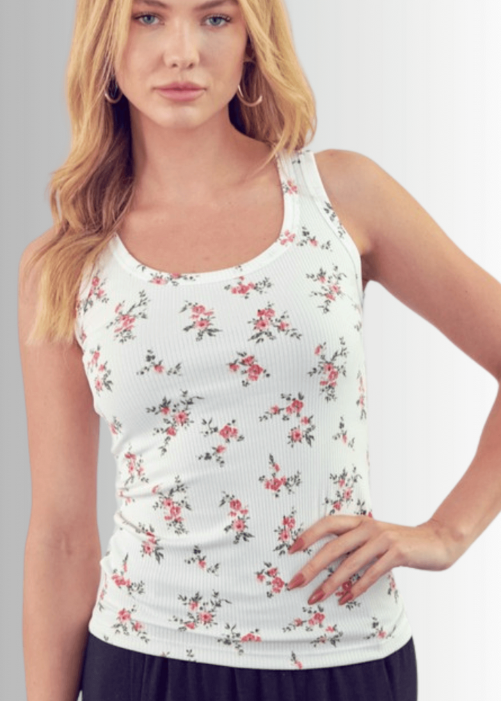 Made in USA Women's Floral Print Rib Knit Tank Top in White | Classy Cozy Cool Made in America Boutique