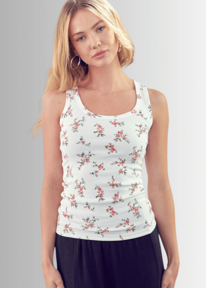 Made in USA Women's Floral Print Rib Knit Tank Top in White | Classy Cozy Cool Made in America Boutique