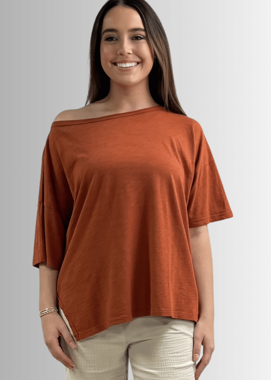 Made in USA, Women's Garment Dyed Solid Slouchy Oversized Tee, 30"s Cotton Slub Material, Color: Gingerbread, Wide Round Neck, Back Raw Edge Detail, Side Slit