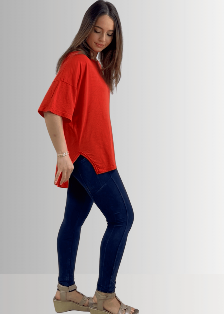 Made in USA, Women's Garment Dyed Solid Slouchy Oversized Tee, 30"s Cotton Slub Material, Color: Crimson Red, Wide Round Neck, Back Raw Edge Detail, Side Slit
