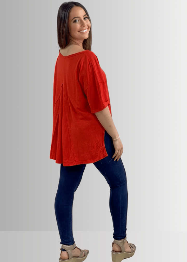 Made in USA, Women's Garment Dyed Solid Slouchy Oversized Tee, 30"s Cotton Slub Material, Color: Crimson Red, Wide Round Neck, Back Raw Edge Detail, Side Slit