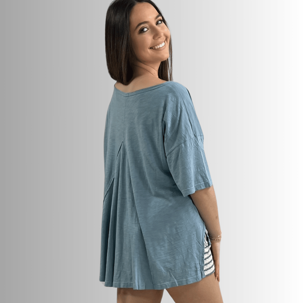 Made in USA, Women's Garment Dyed Solid Slouchy Oversized Tee, 30"s Cotton Slub Material, Color: Light Steel Blue, Wide Round Neck, Back Raw Edge Detail, Side Slit