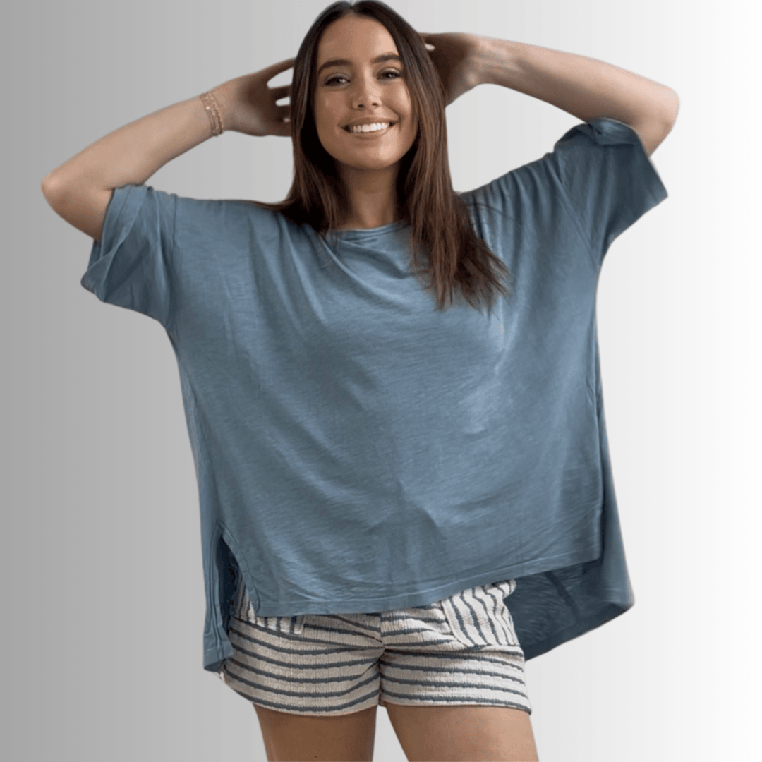 Made in USA, Women's Garment Dyed Solid Slouchy Oversized Tee, 30"s Cotton Slub Material, Color: Light Steel Blue, Wide Round Neck, Back Raw Edge Detail, Side Slit