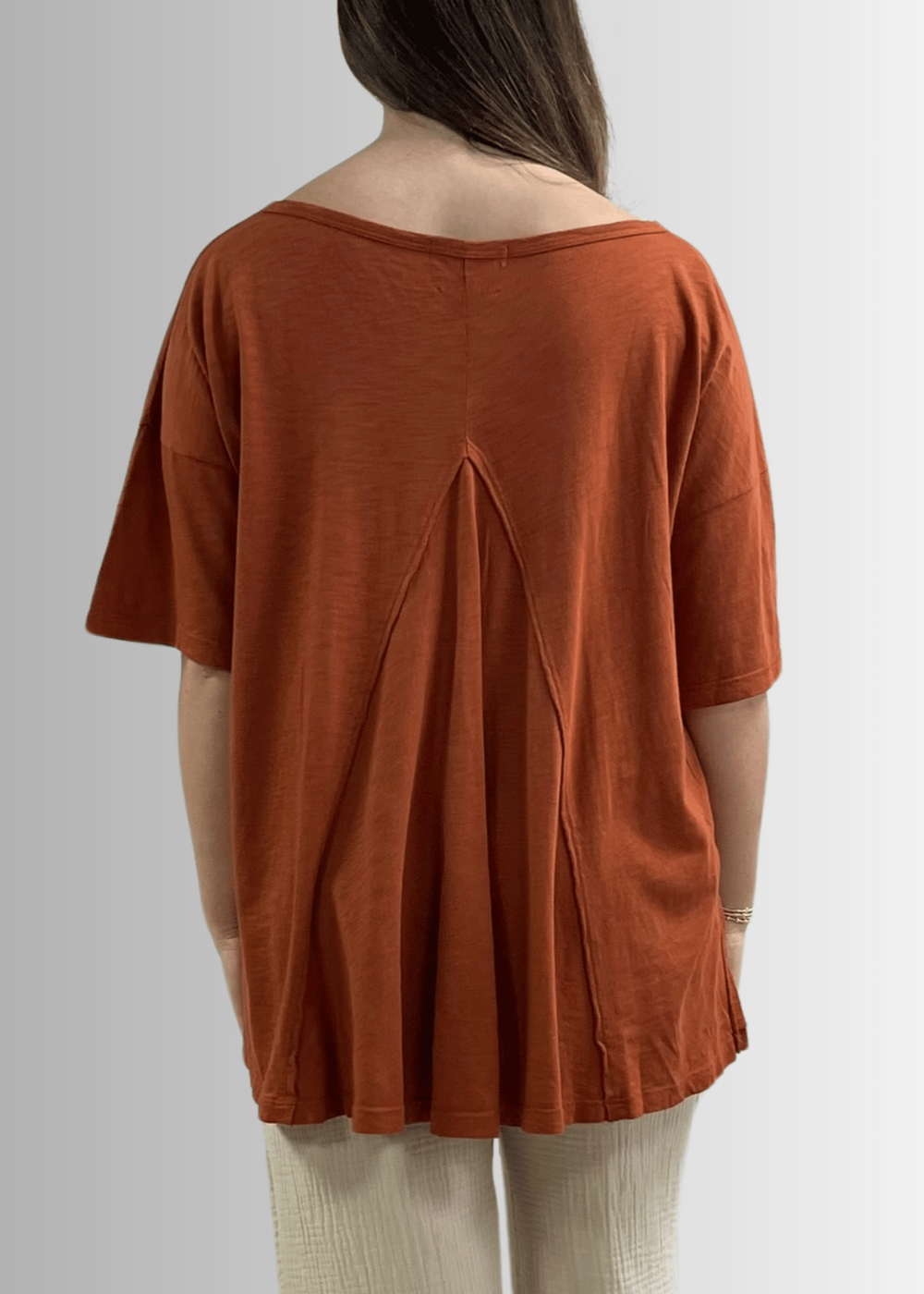 Made in USA, Women's Garment Dyed Solid Slouchy Oversized Tee, 30"s Cotton Slub Material, Color: Gingerbread, Wide Round Neck, Back Raw Edge Detail, Side Slit