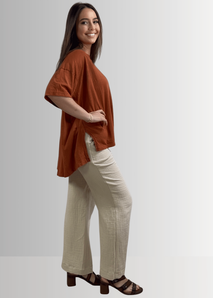 Made in USA, Women's Garment Dyed Solid Slouchy Oversized Tee, 30"s Cotton Slub Material, Color: Gingerbread, Wide Round Neck, Back Raw Edge Detail, Side Slit