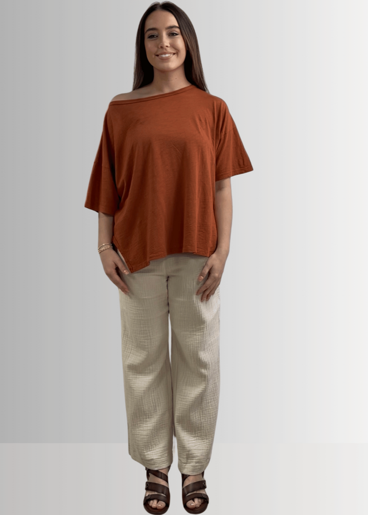 Made in USA, Women's Garment Dyed Solid Slouchy Oversized Tee, 30"s Cotton Slub Material, Color: Gingerbread, Wide Round Neck, Back Raw Edge Detail, Side Slit