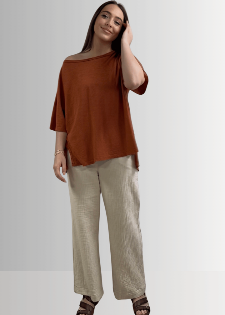 Made in USA, Women's Garment Dyed Solid Slouchy Oversized Tee, 30"s Cotton Slub Material, Color: Gingerbread, Wide Round Neck, Back Raw Edge Detail, Side Slit