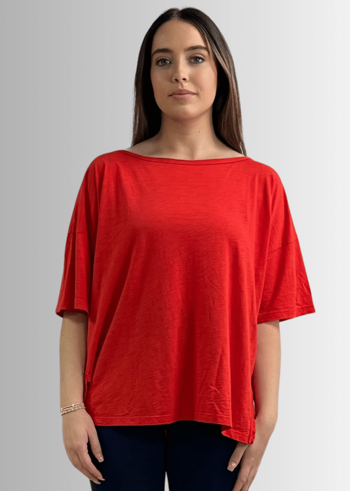Made in USA, Women's Garment Dyed Solid Slouchy Oversized Tee, 30"s Cotton Slub Material, Color: Crimson Red, Wide Round Neck, Back Raw Edge Detail, Side Slit