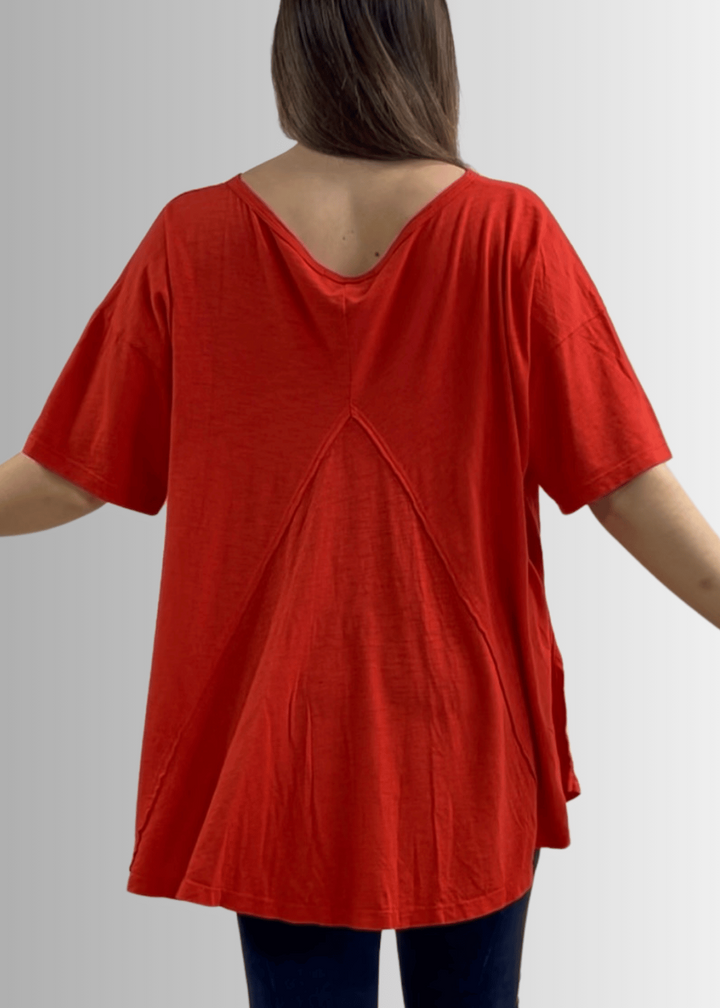Made in USA, Women's Garment Dyed Solid Slouchy Oversized Tee, 30"s Cotton Slub Material, Color: Crimson Red, Wide Round Neck, Back Raw Edge Detail, Side Slit