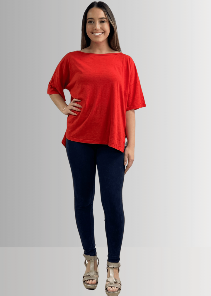 Made in USA, Women's Garment Dyed Solid Slouchy Oversized Tee, 30"s Cotton Slub Material, Color: Crimson Red, Wide Round Neck, Back Raw Edge Detail, Side Slit