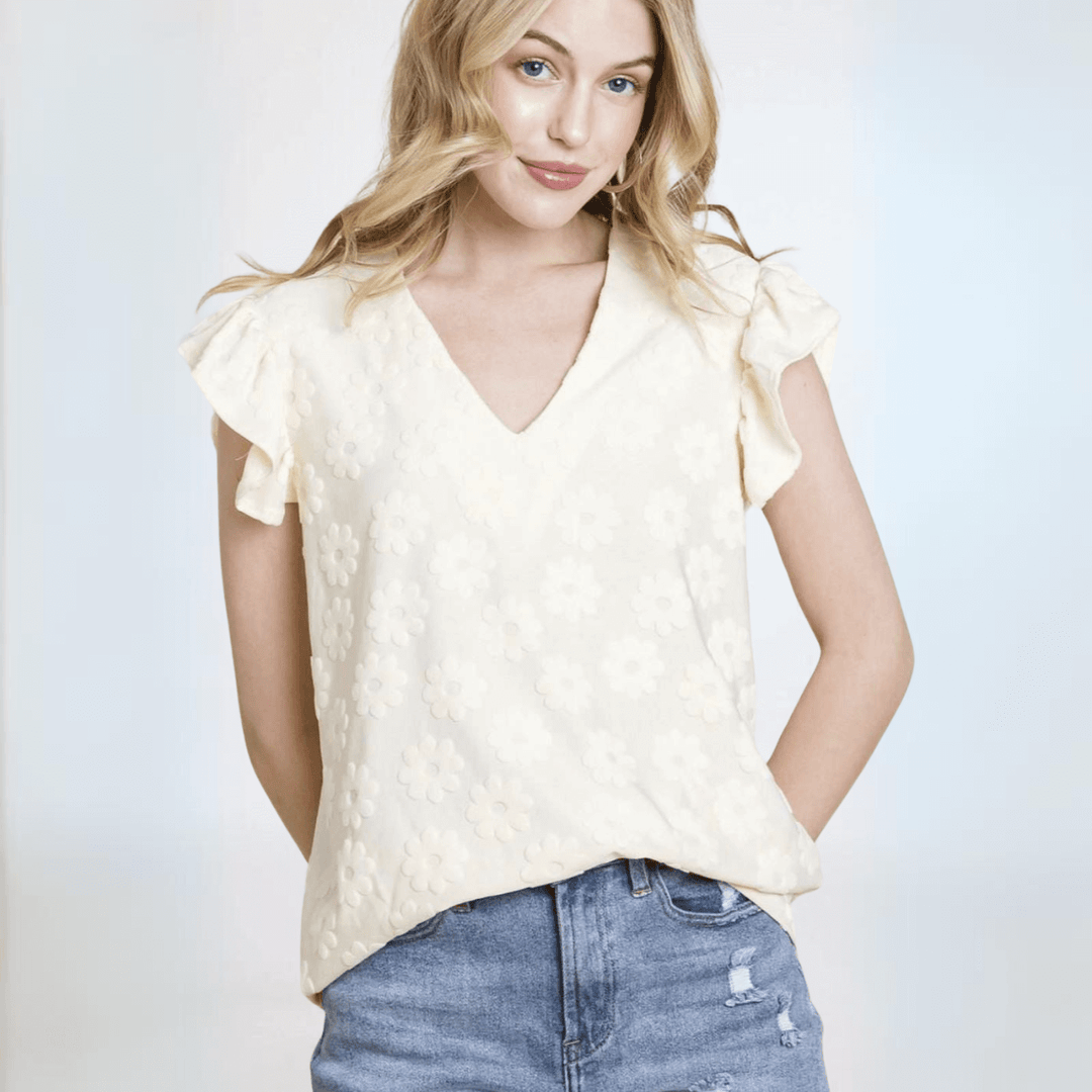 Made in USA Textured Daisy Ruffle Sleeve Top, V-Neckline, Cap Ruffled Sleeves, Regular Fit, Stretchy Material, Dress Up or Down in Cream | Classy Cozy Cool Women's Made in America Boutique