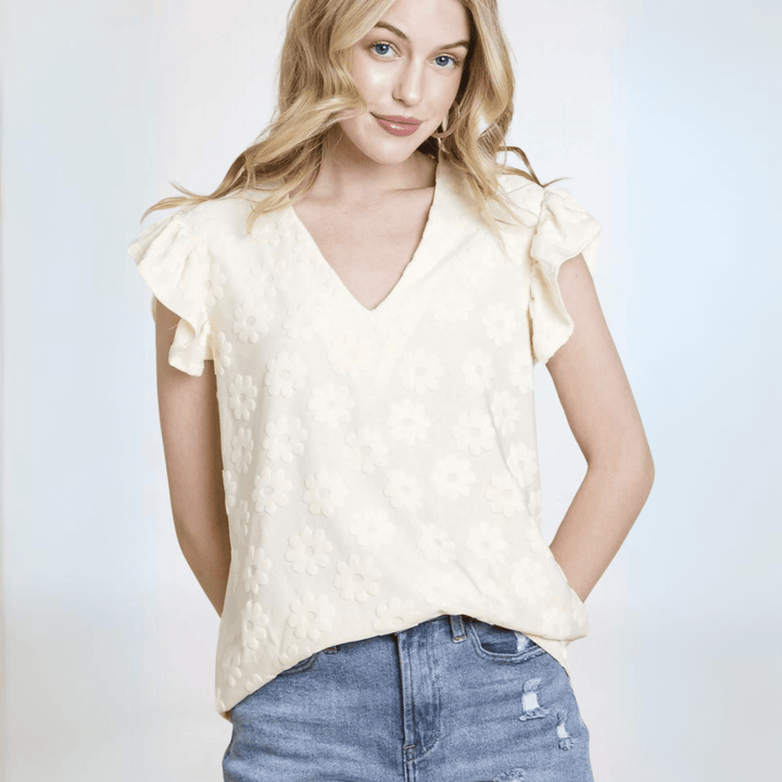 Made in USA Textured Daisy Ruffle Sleeve Top, V-Neckline, Cap Ruffled Sleeves, Regular Fit, Stretchy Material, Dress Up or Down in Cream | Classy Cozy Cool Women's Made in America Boutique