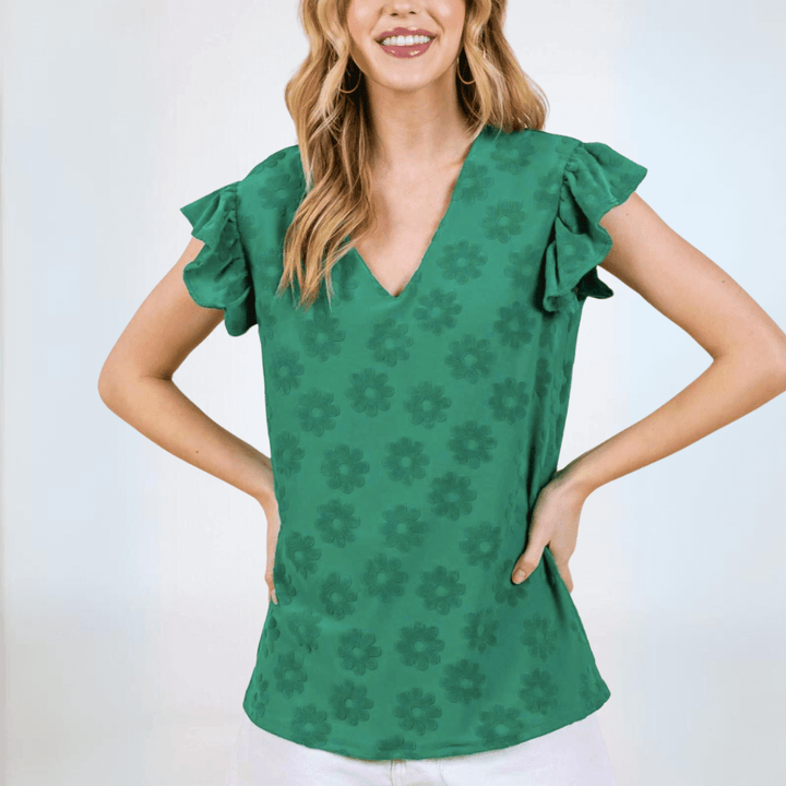 Made in USA Textured Daisy Ruffle Sleeve Top, V-Neckline, Cap Ruffled Sleeves, Regular Fit, Stretchy Material, Dress Up or Down in Green | Classy Cozy Cool Made in America Boutique