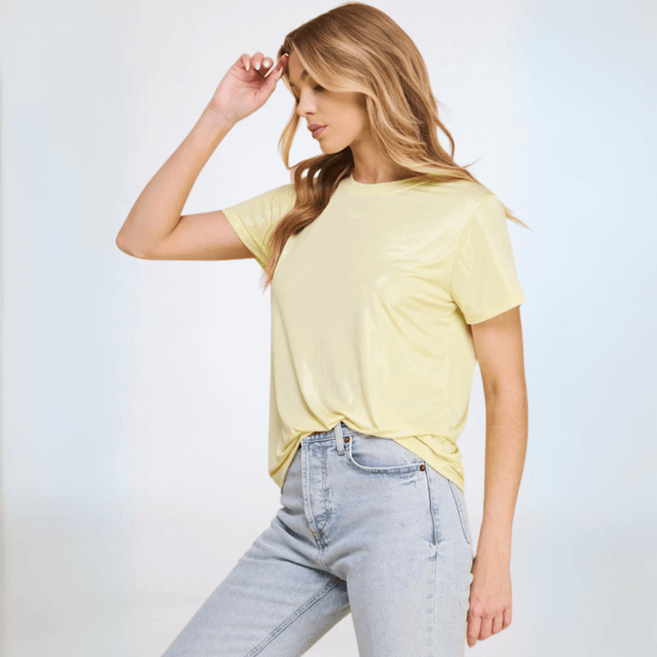 USA Made Women's Shiny Foil Crew Neck Tee in Light Yellow  | Classy Cozy Cool Made in America Clothing Boutique