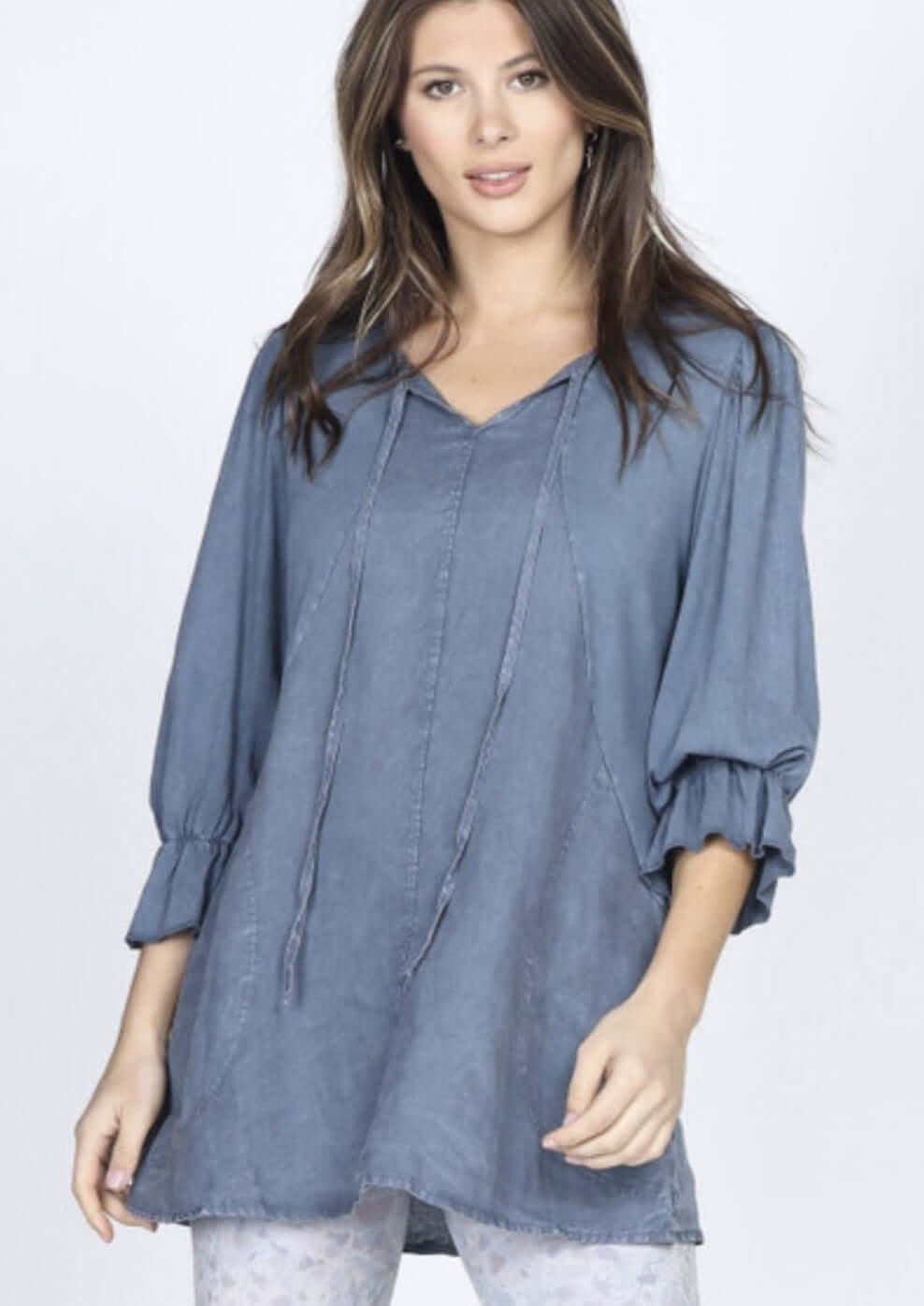USA Made Ladies Denim Blue Cotton & Linen Ruffled Sleeve Tie Neck Tunic Superb American Quality | Classy Cozy Cool Made in America Women's Clothing Boutique
