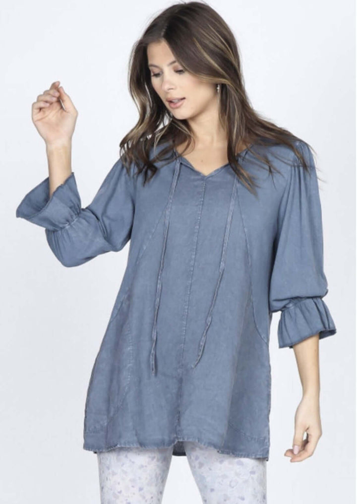 USA Made Ladies Denim Blue Cotton & Linen Ruffled Sleeve Tie Neck Tunic Superb American Quality | Classy Cozy Cool Made in America Women's Clothing Boutique