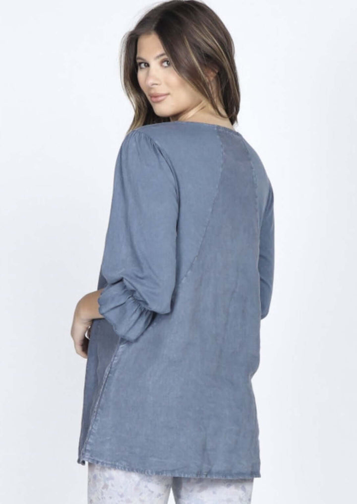 USA Made Ladies Denim Blue Cotton & Linen Ruffled Sleeve Tie Neck Tunic Superb American Quality | Classy Cozy Cool Made in America Women's Clothing Boutique