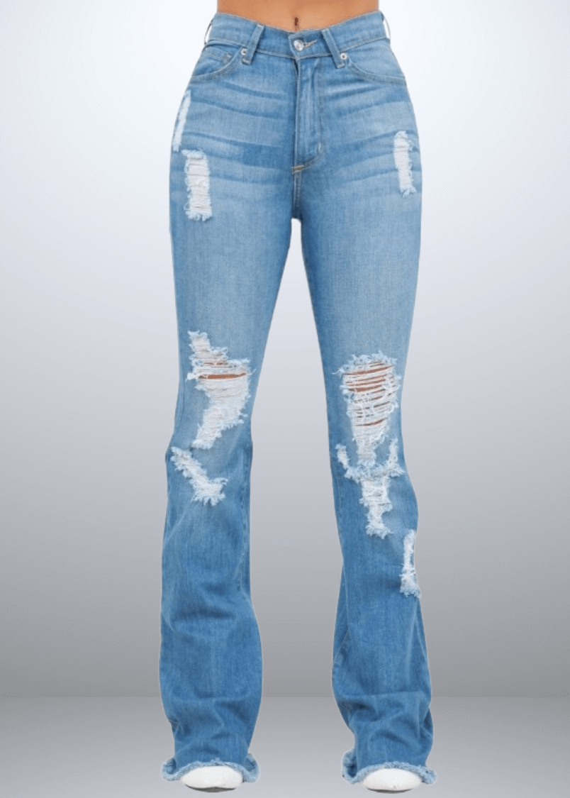 Made in USA - Introducing the Women's  Distressed Denim Bootcut Mid-Rise Jeans! Made from premium Cotton Denim, durability and comfort.  34" Inseam.