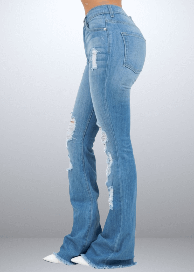 Made in USA - Introducing the Women's  Distressed Denim Bootcut Mid-Rise Jeans! Made from premium Cotton Denim, durability and comfort.  34" Inseam.
