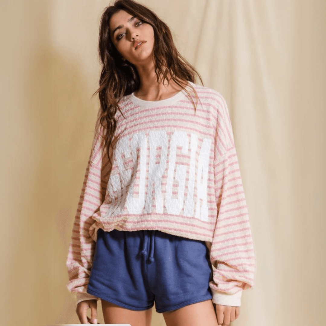 Made in USA Textured "GEORGIA" Graphic Oversized Game Day Textured Sweatshirt with Crew Neck and Long Sleeves in Pink & Cream Stripes | Bucket List Style T1770