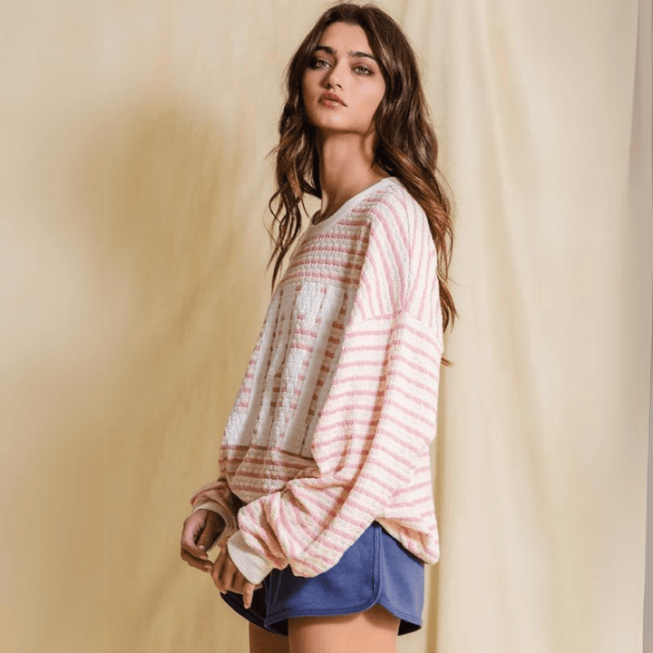 Made in USA Textured "GEORGIA" Graphic Oversized Game Day Textured Sweatshirt with Crew Neck and Long Sleeves in Pink & Cream Stripes | Bucket List Style T1770