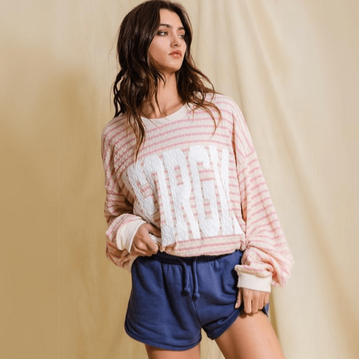 Made in USA Textured "GEORGIA" Graphic Oversized Game Day Textured Sweatshirt with Crew Neck and Long Sleeves in Pink & Cream Stripes | Bucket List Style T1770