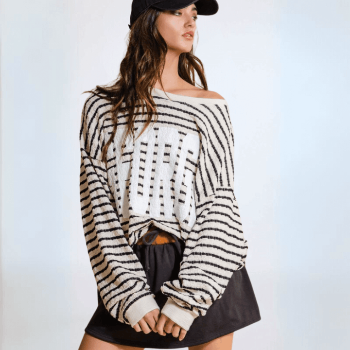 Made in USA Textured "GEORGIA" Graphic Oversized Game Day Textured Sweatshirt with Crew Neck and Long Sleeves in Black and Cream Stripes | Bucket List Style T1770