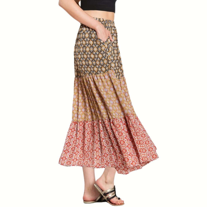 Made in USA Women's Color Block Patterned Maxi Skirt with Side Pockets 3 Unique Patterns | Classy Cozy Cool Women's Made in USA Boutique