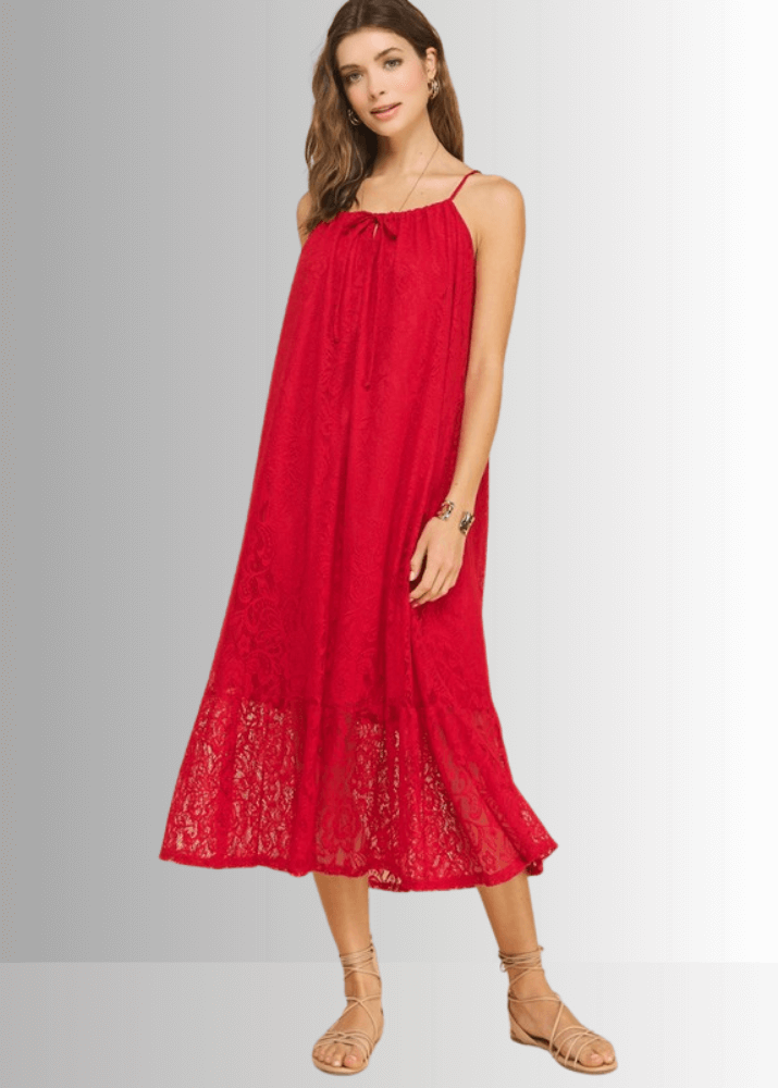 Made in USA Women's Lace Tie Front Midi Dress in Red, Lined to Knee,  Lace straps, Tiered with Flounce Ruffle Hem | Classy Cozy Cool Made in America Boutique